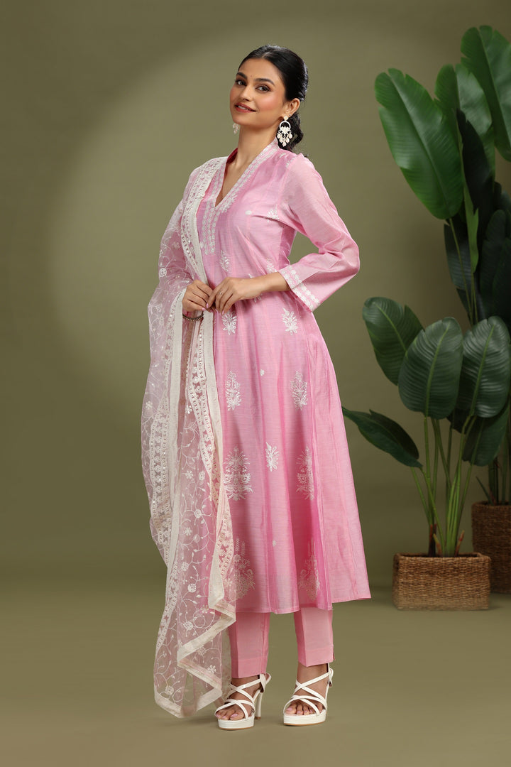Light Pink Chanderi Embroidered A Line Kurta Pant and Dupatta Suit Set