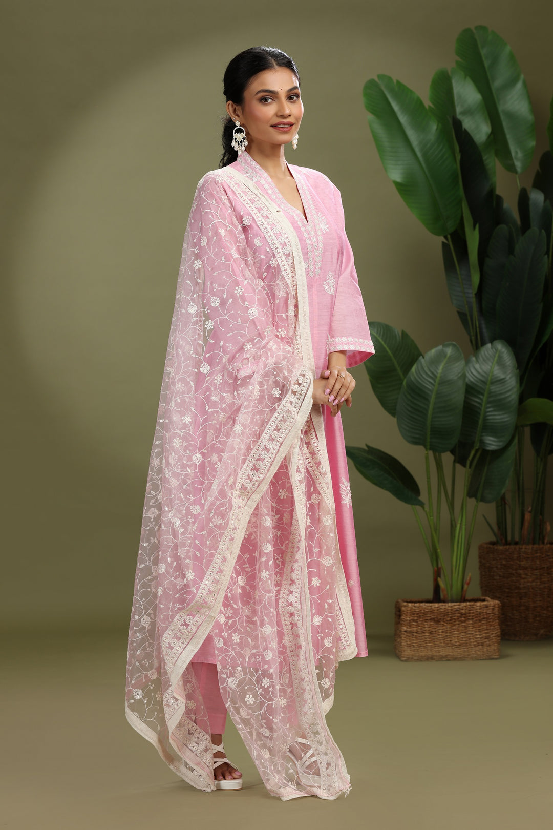 Light Pink Chanderi Embroidered A Line Kurta Pant and Dupatta Suit Set