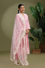 Light Pink Chanderi Embroidered A Line Kurta Pant and Dupatta Suit Set