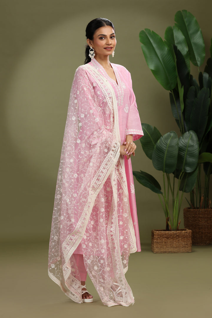 Light Pink Chanderi Embroidered A Line Kurta Pant and Dupatta Suit Set