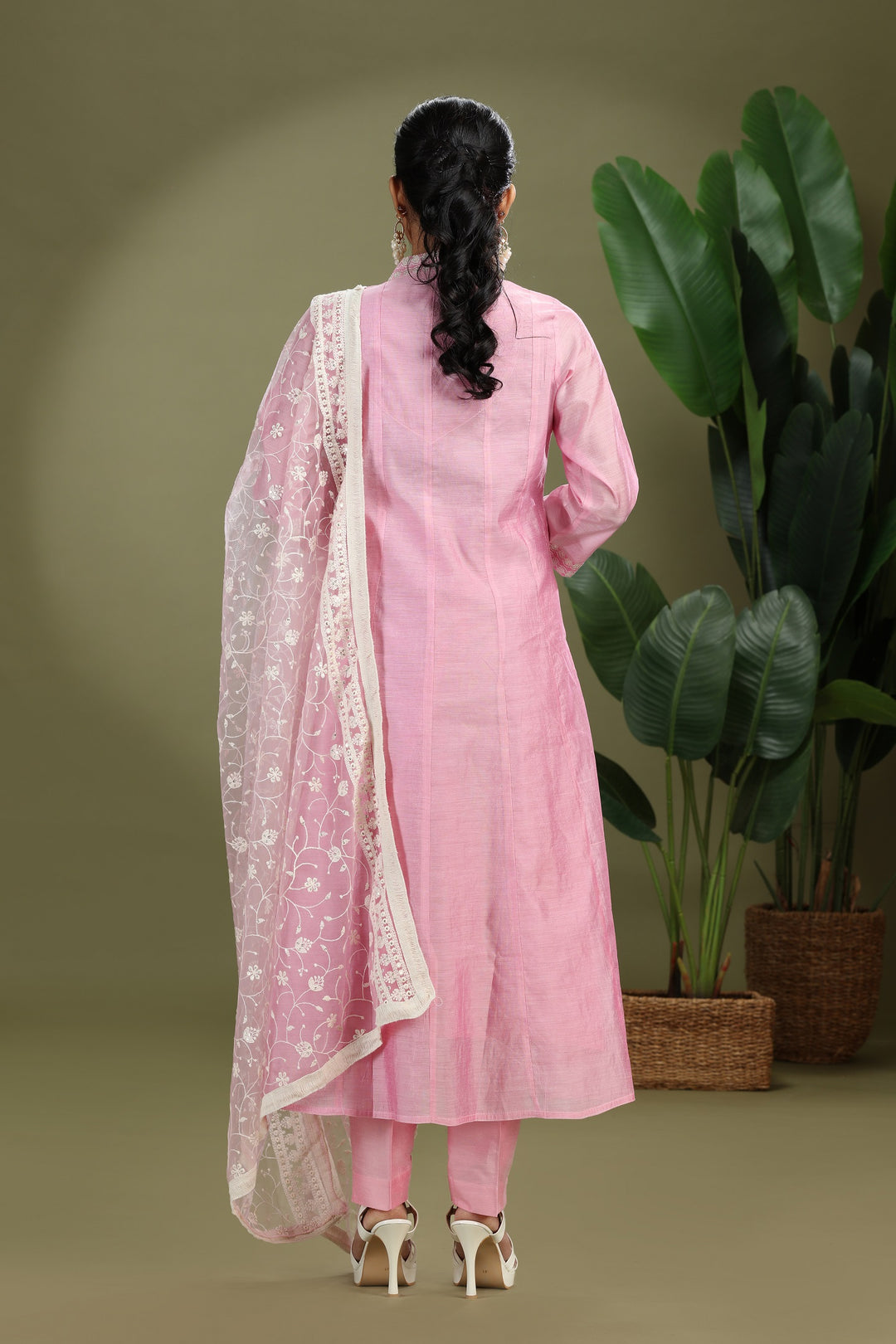 Light Pink Chanderi Embroidered A Line Kurta Pant and Dupatta Suit Set