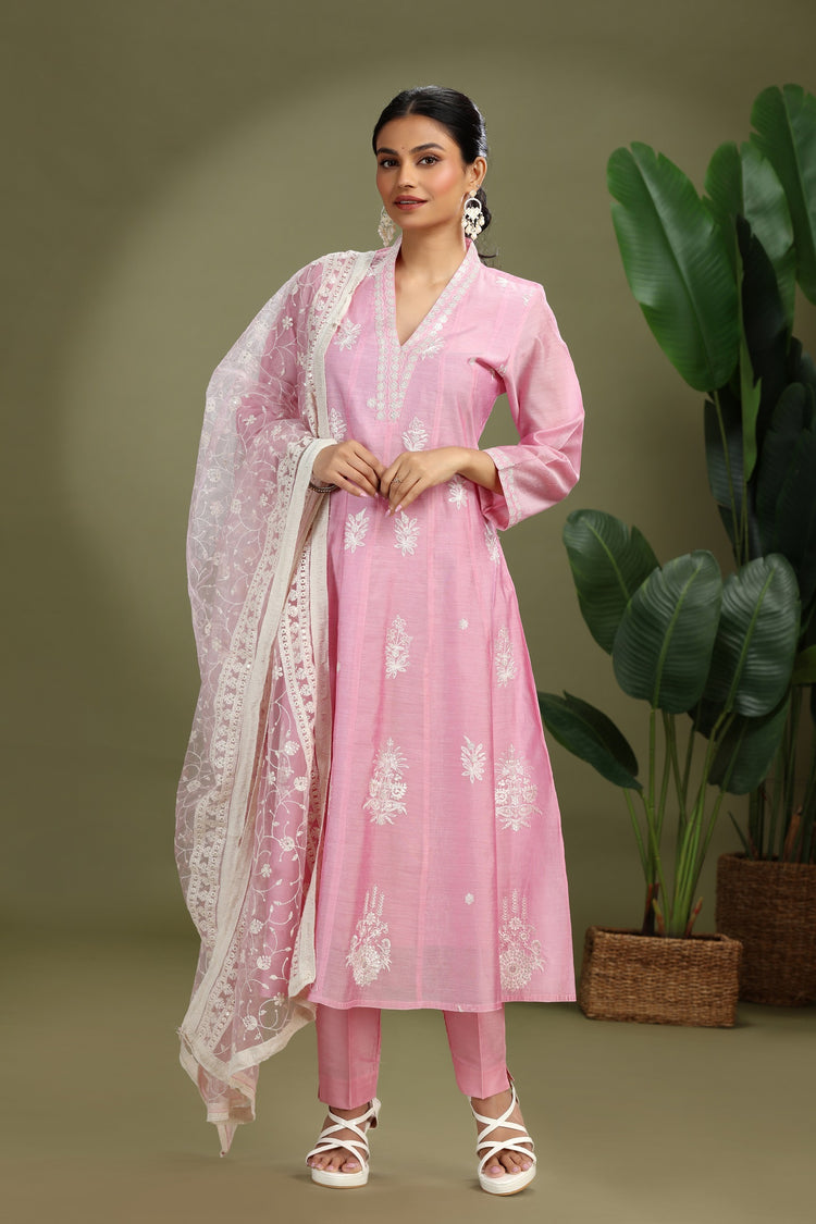 Light Pink Chanderi Embroidered A Line Kurta Pant and Dupatta Suit Set