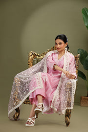 Light Pink Chanderi Embroidered A Line Kurta Pant and Dupatta Suit Set