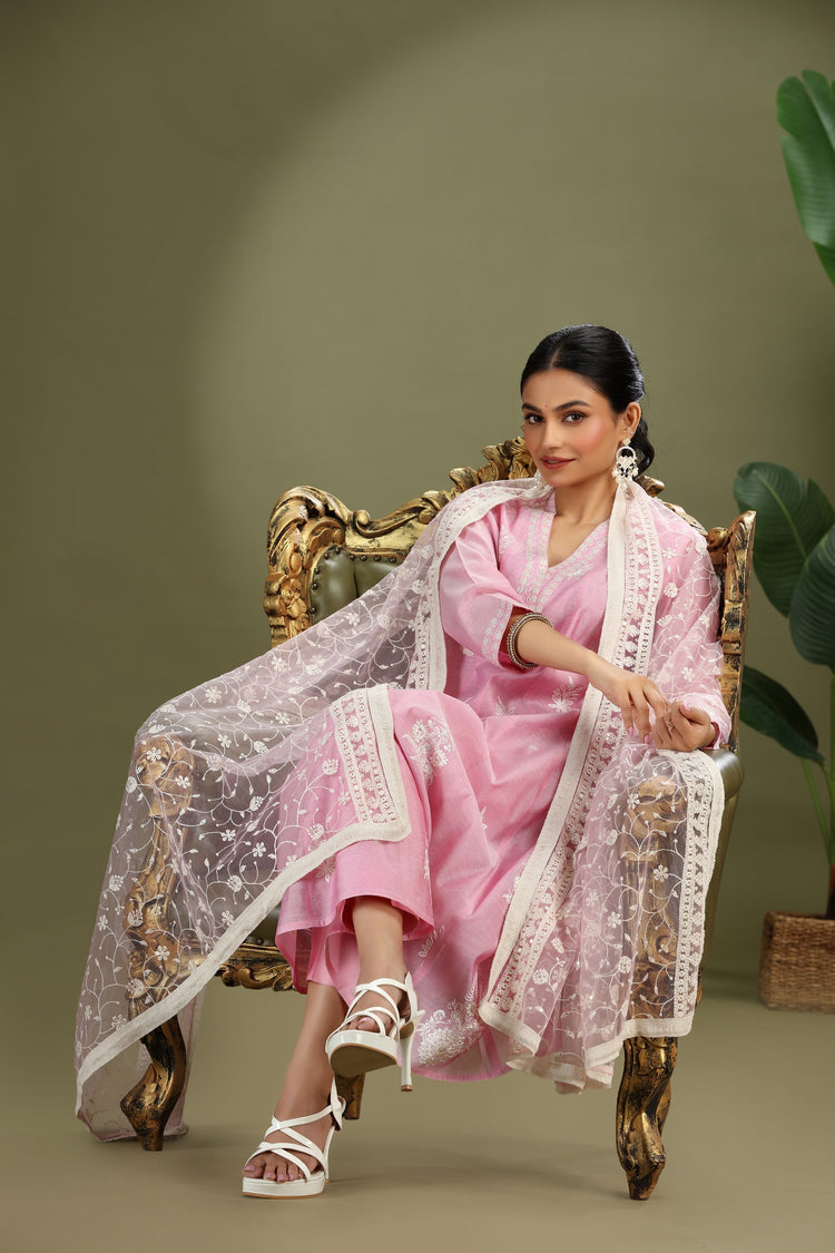 Light Pink Chanderi Embroidered A Line Kurta Pant and Dupatta Suit Set