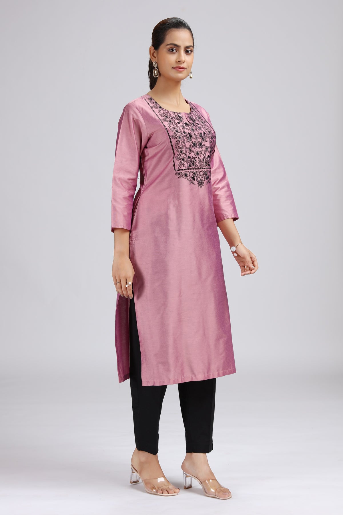 Light Pink PolySilk Embroidered Straight Kurta for women