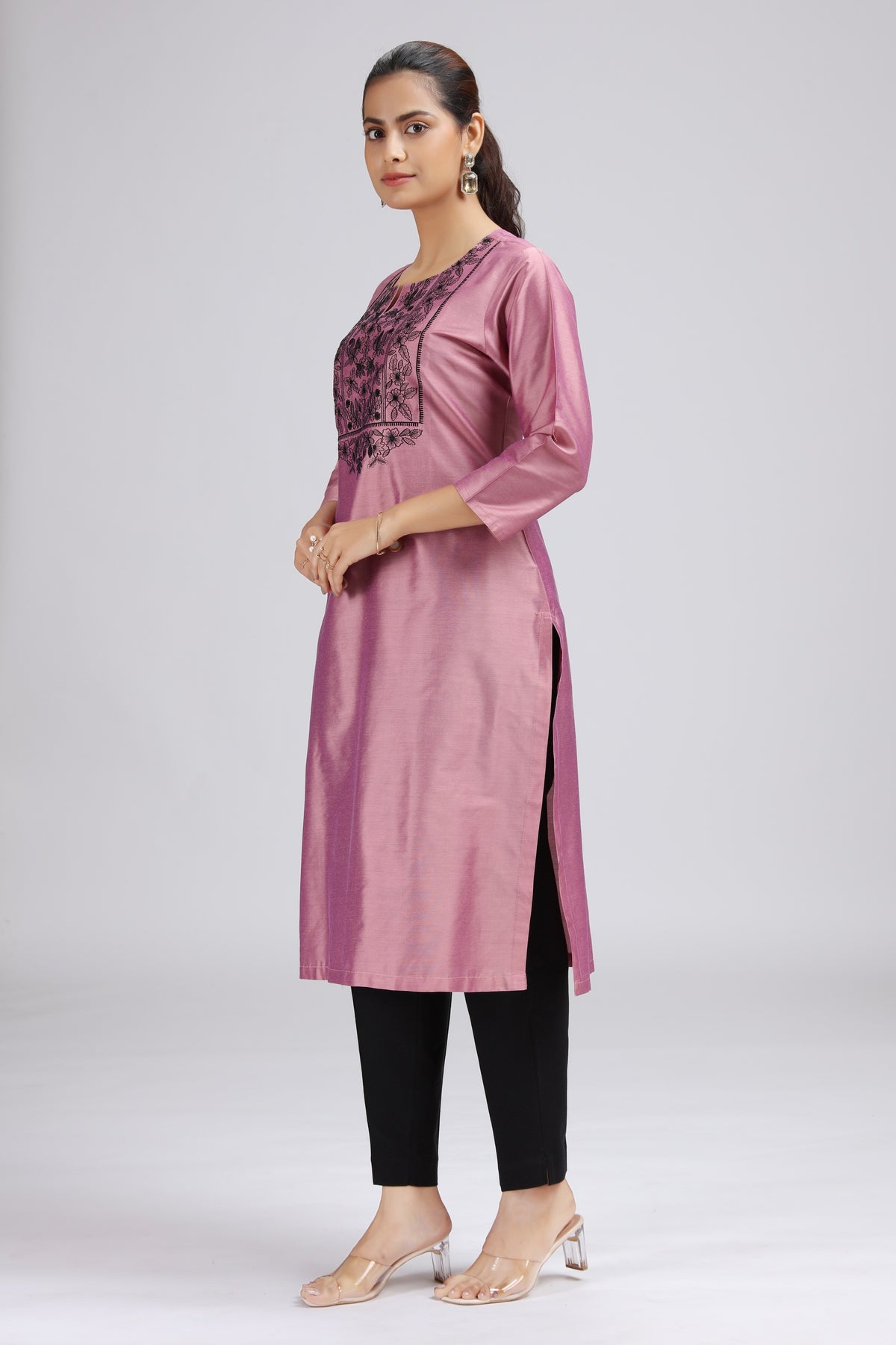 Light Pink PolySilk Embroidered Straight Kurta for women