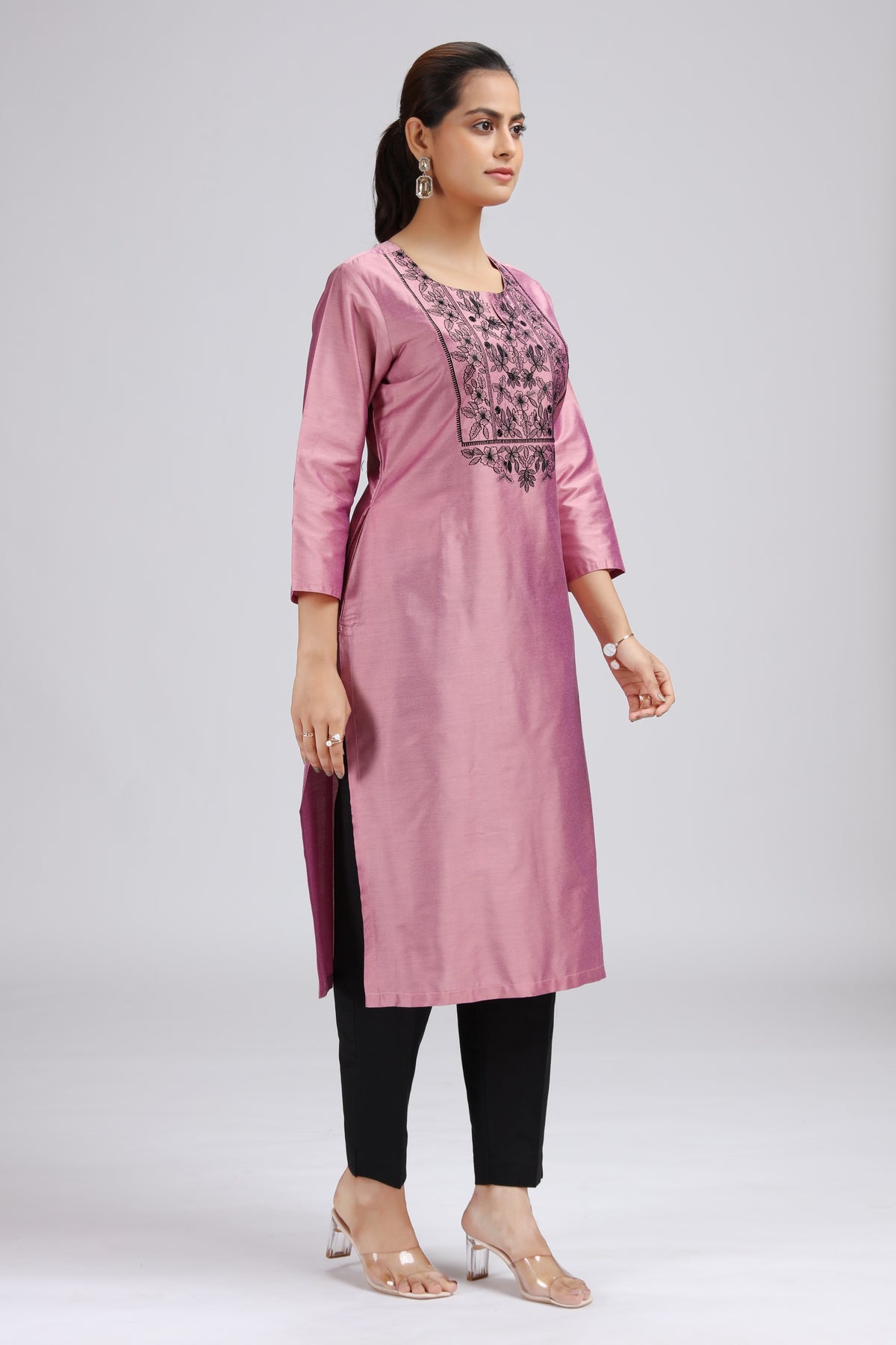 Light Pink PolySilk Embroidered Straight Kurta for women