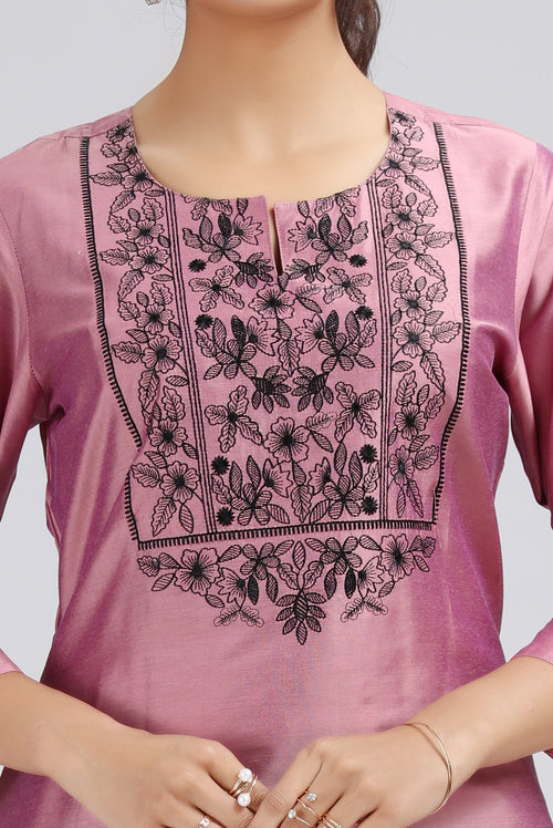 Light Pink PolySilk Embroidered Straight Kurta for women