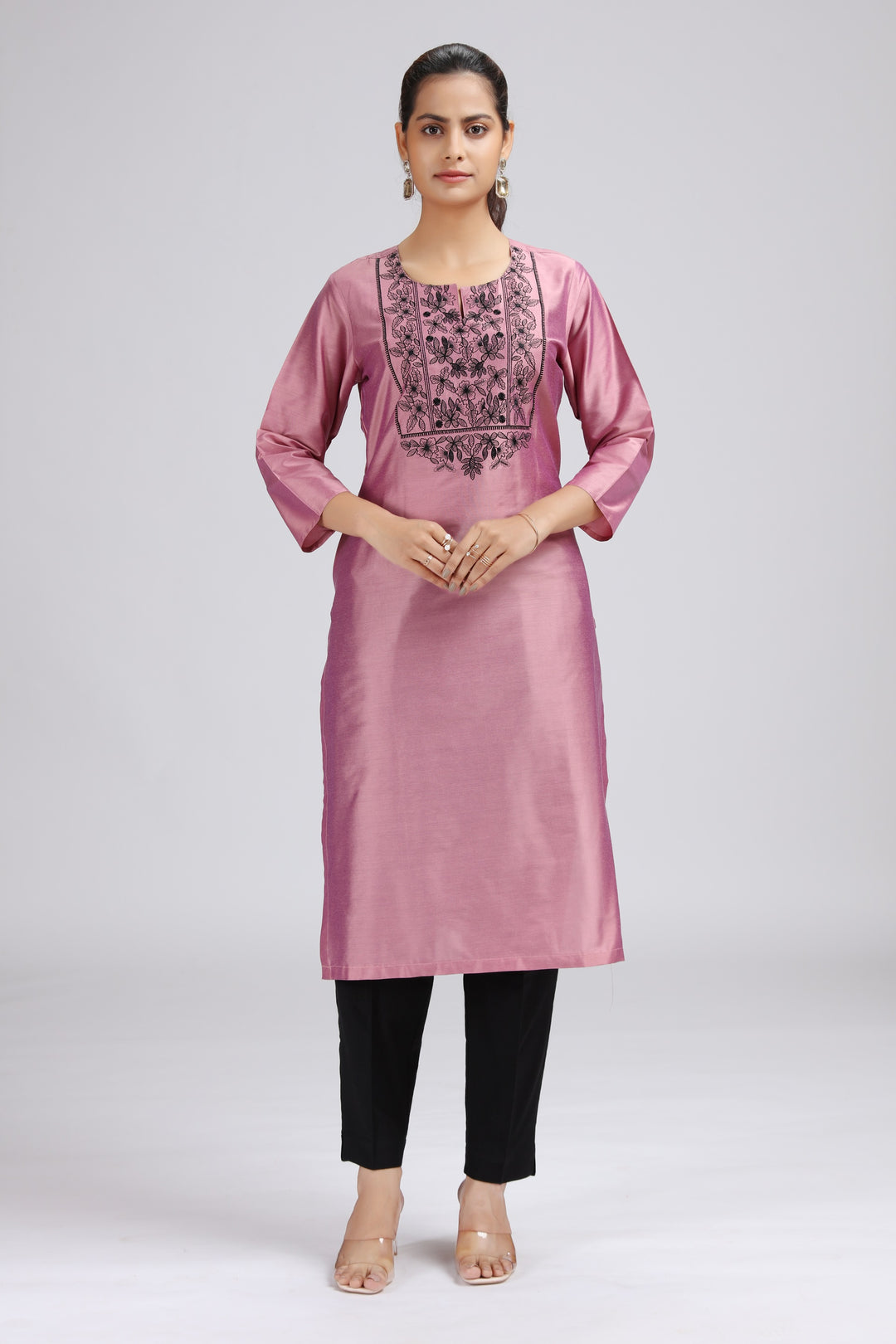 Light Pink PolySilk Embroidered Straight Kurta for women