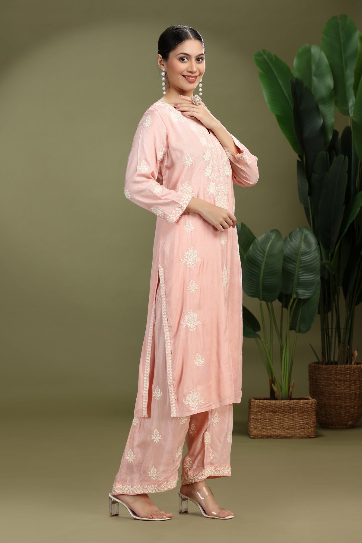 Light Pink Santoon Embroidered Straight Kurta Pant Co ord Set