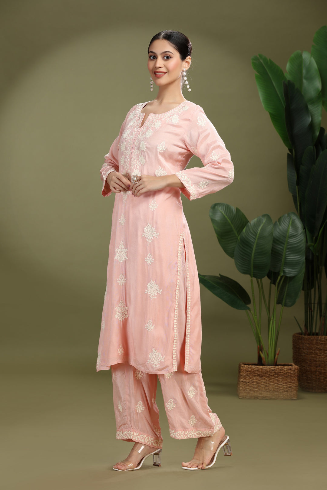 Light Pink Santoon Embroidered Straight Kurta Pant Co ord Set