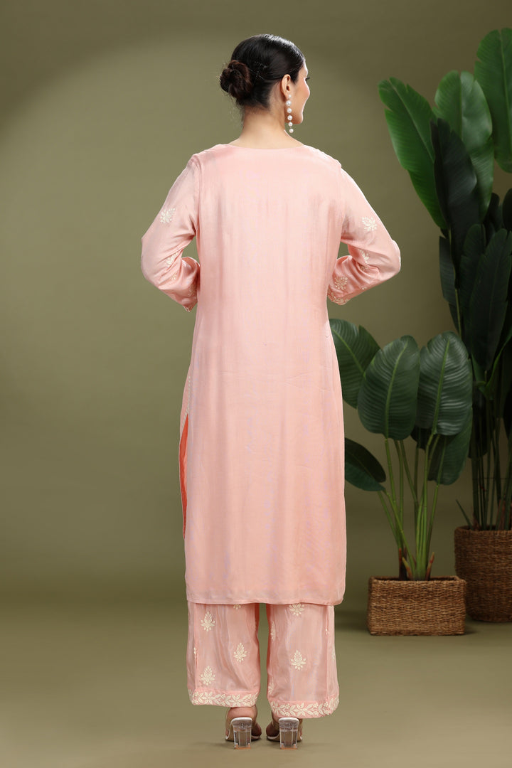 Light Pink Santoon Embroidered Straight Kurta Pant Co ord Set