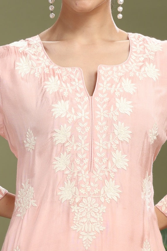 Light Pink Santoon Embroidered Straight Kurta Pant Co ord Set