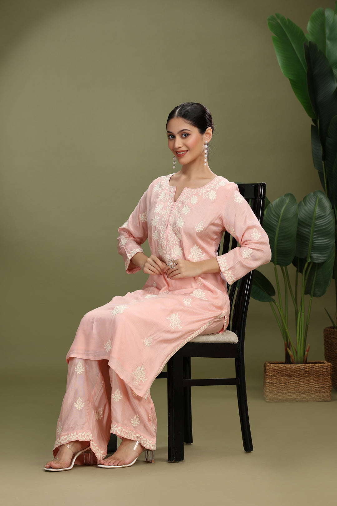 Light Pink Santoon Embroidered Straight Kurta Pant Co ord Set