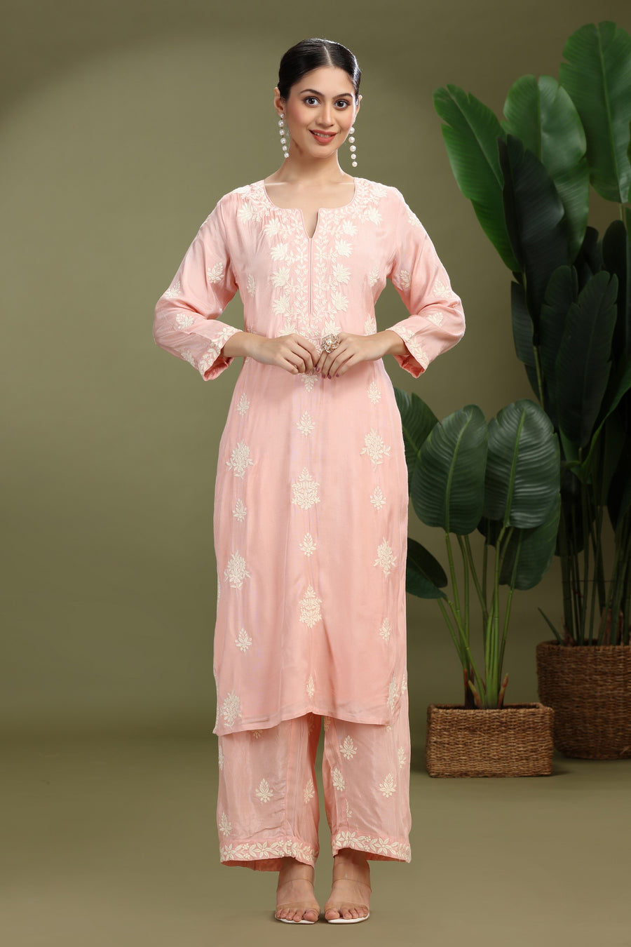 Light Pink Santoon Embroidered Straight Kurta Pant Co ord Set