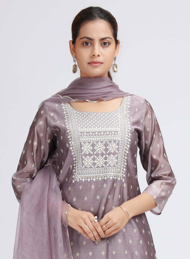 Light Purple Chanderi Embroidered Straight Kurta Pant and Dupatta Suit Set