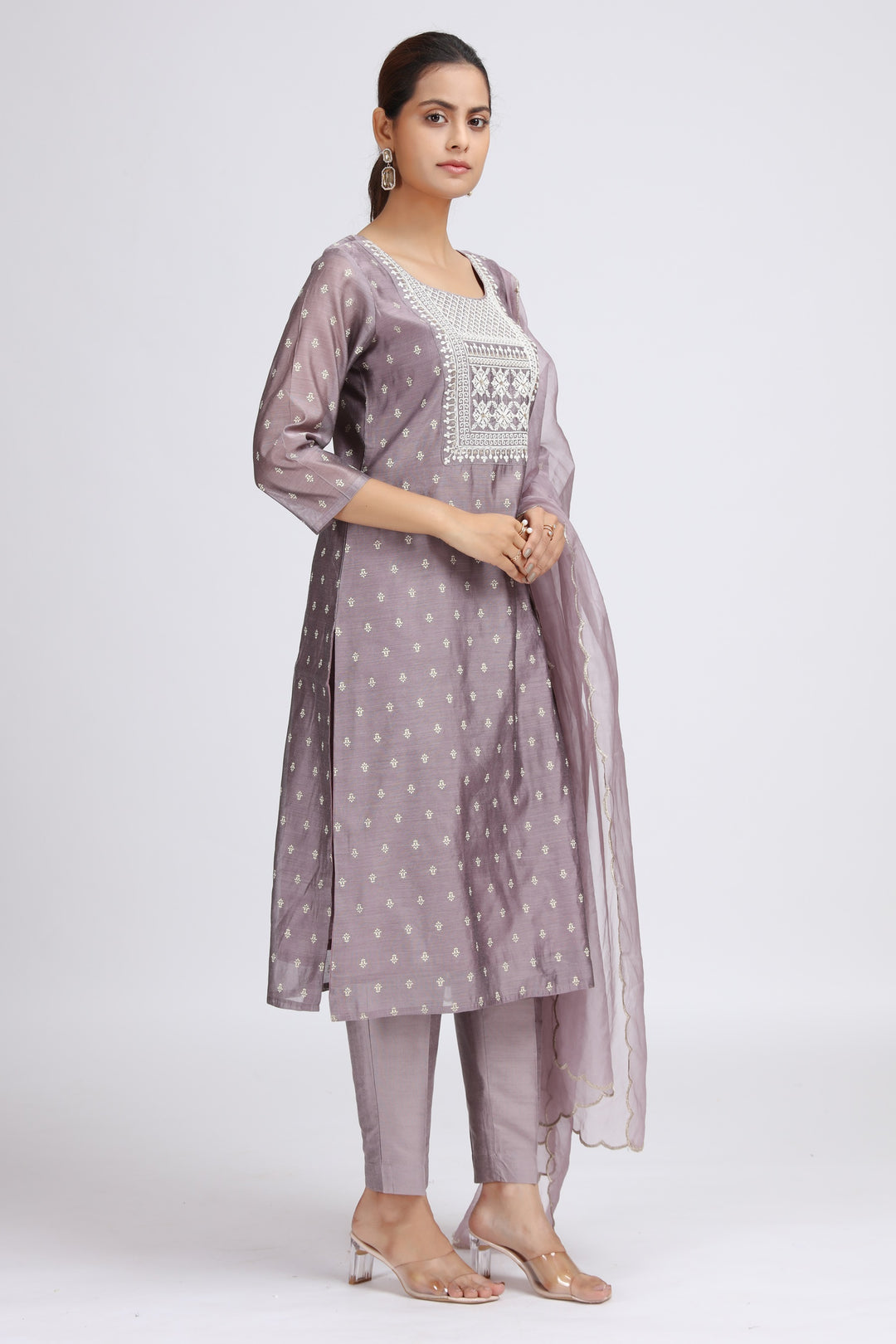 Light Purple Chanderi Embroidered Straight Kurta Pant and Dupatta Suit Set