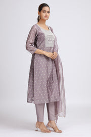 Light Purple Chanderi Embroidered Straight Kurta Pant and Dupatta Suit Set