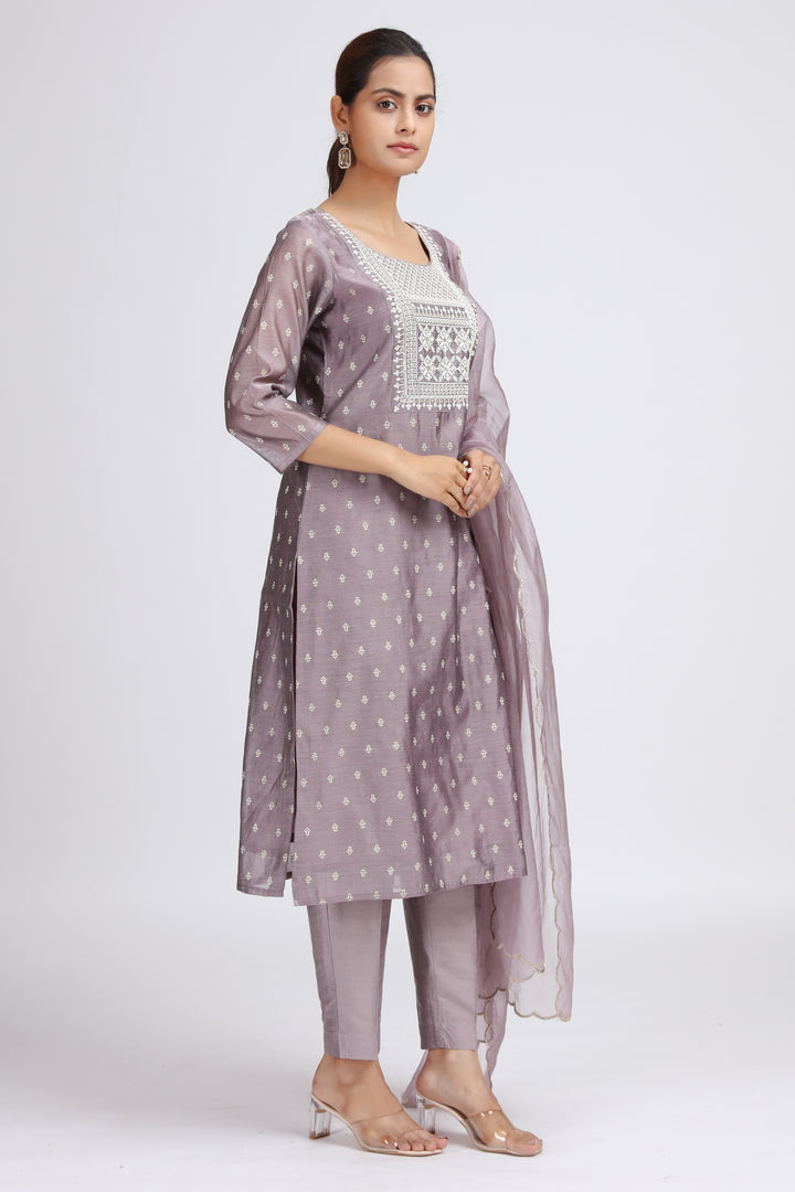 Light Purple Chanderi Embroidered Straight Kurta Pant and Dupatta Suit Set