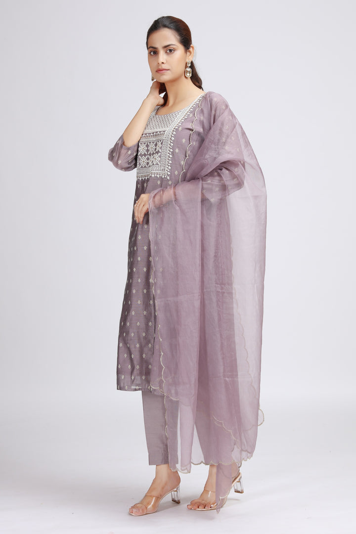 Light Purple Chanderi Embroidered Straight Kurta Pant and Dupatta Suit Set