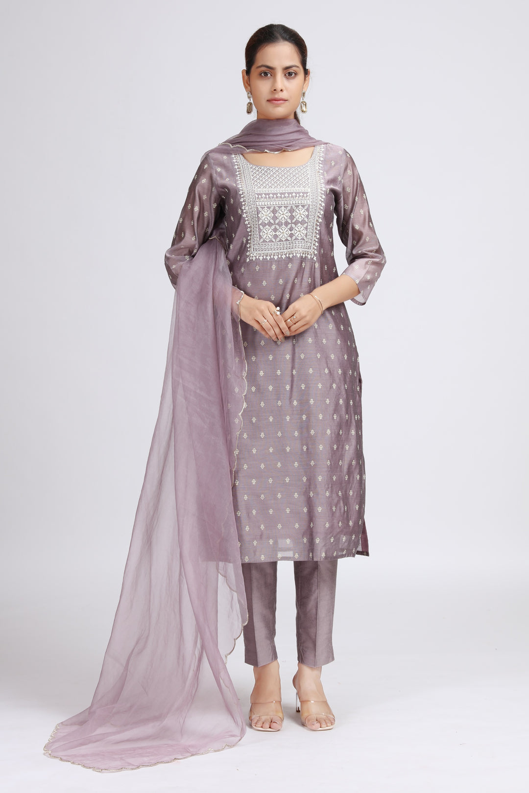 Light Purple Chanderi Embroidered Straight Kurta Pant and Dupatta Suit Set