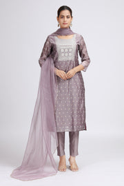 Light Purple Chanderi Embroidered Straight Kurta Pant and Dupatta Suit Set