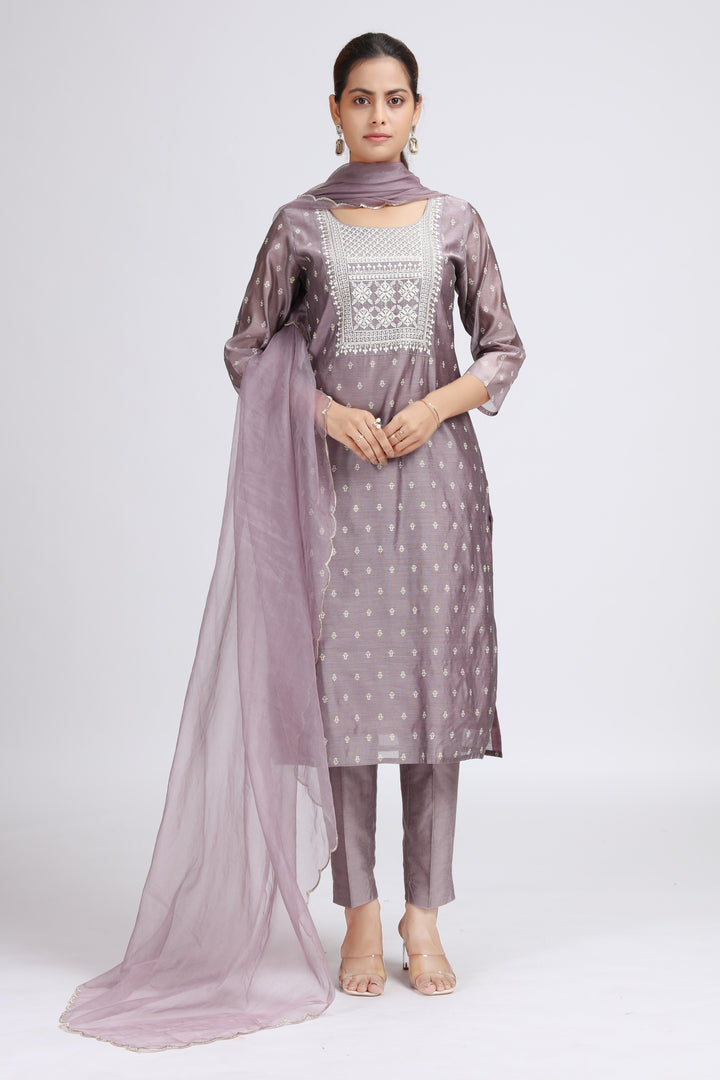 Light Purple Chanderi Embroidered Straight Kurta Pant and Dupatta Suit Set