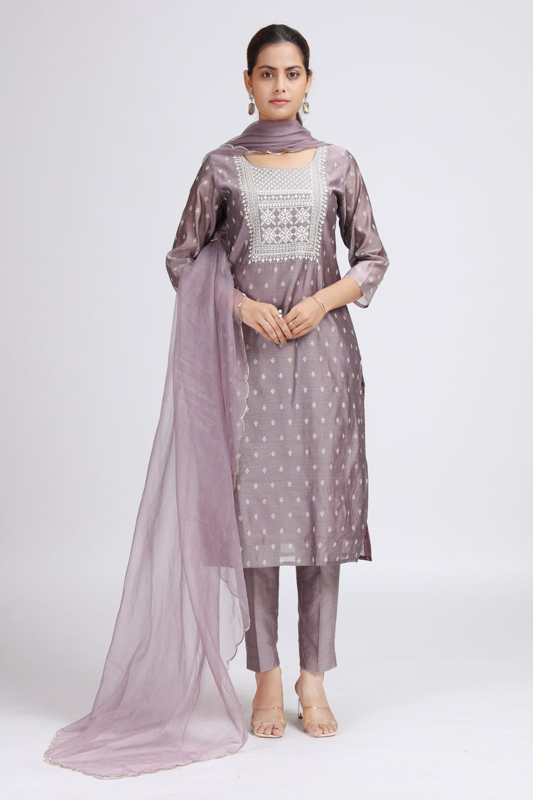 Light Purple Chanderi Embroidered Straight Kurta Pant and Dupatta Suit Set