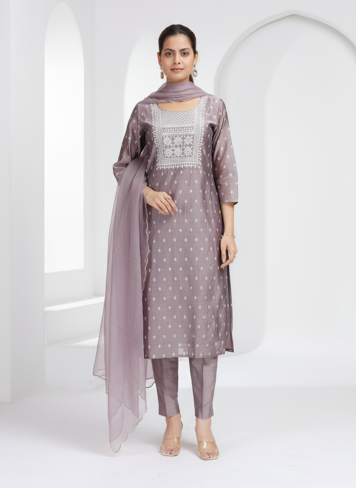 Light Purple Chanderi Embroidered Straight Kurta Pant and Dupatta Suit Set