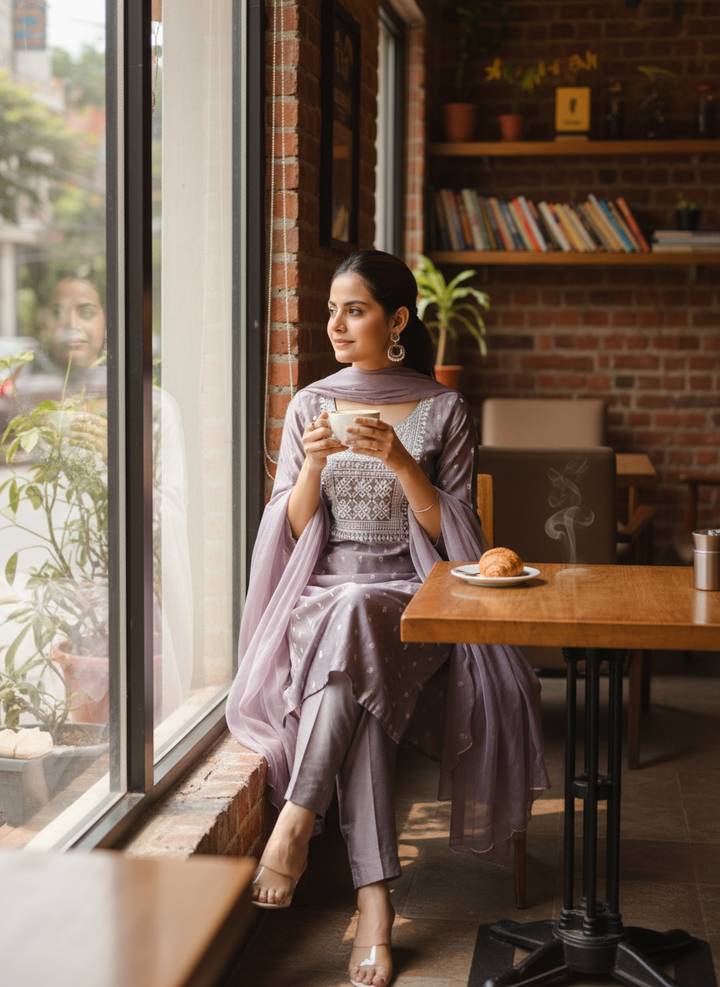 Light Purple Chanderi Embroidered Straight Kurta Pant and Dupatta Suit Set