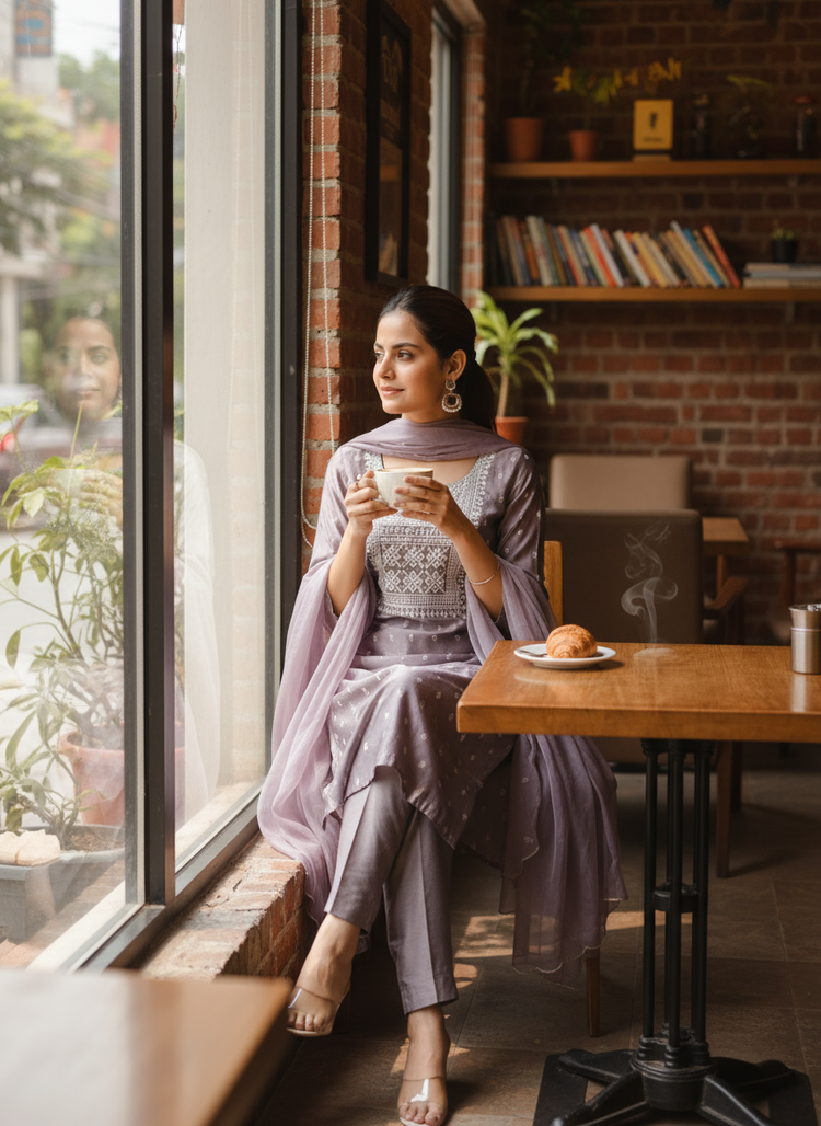 Light Purple Chanderi Embroidered Straight Kurta Pant and Dupatta Suit Set