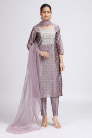 Light Purple Chanderi Embroidered Straight Kurta Pant and Dupatta Suit Set