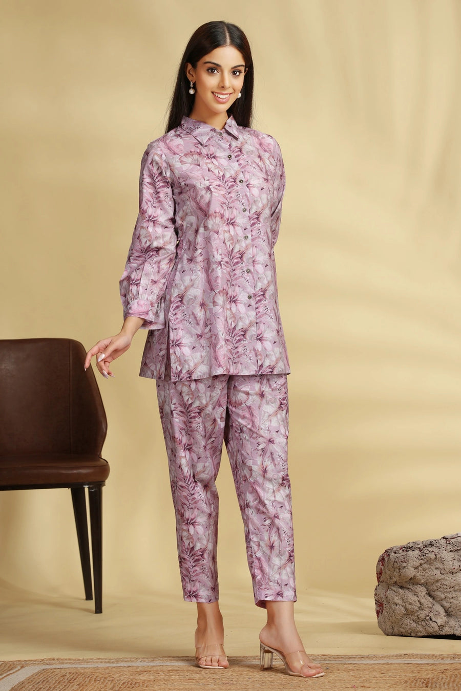 Light Purple Grammy Cotton Printed Straight Kurta Pant Co ord Set