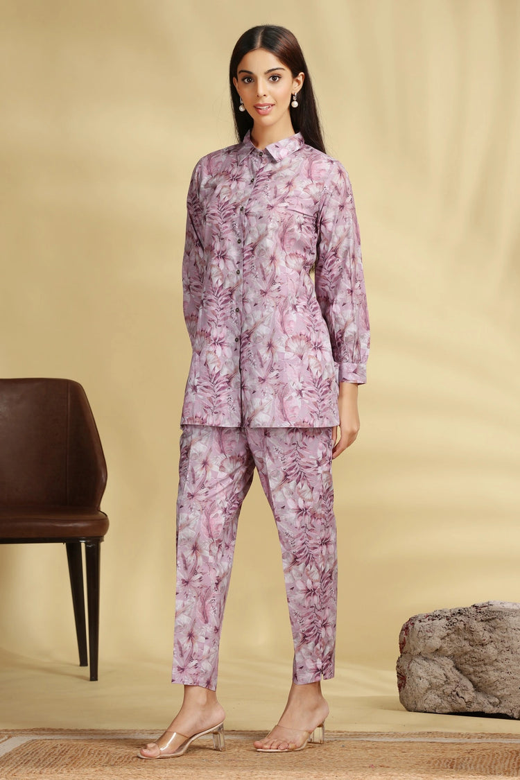 Light Purple Grammy Cotton Printed Straight Kurta Pant Co ord Set for women