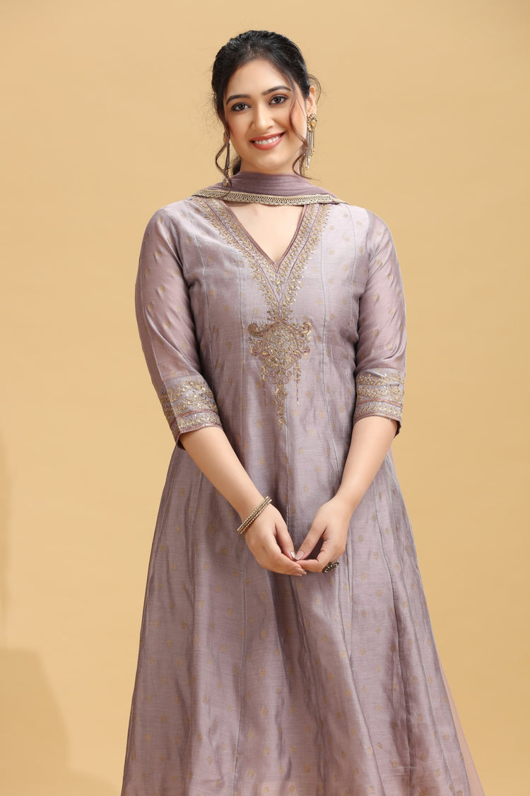 Lilac Embroidered A-Line Ethnic Set