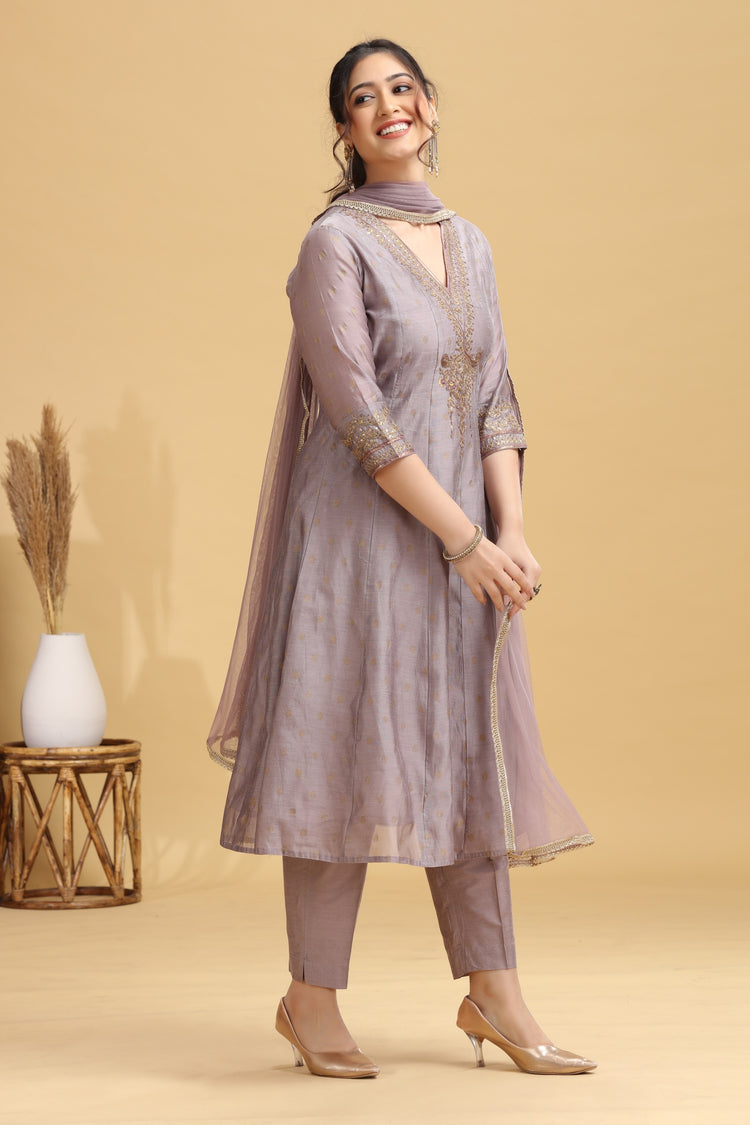 Lilac Embroidered A-Line Ethnic Set