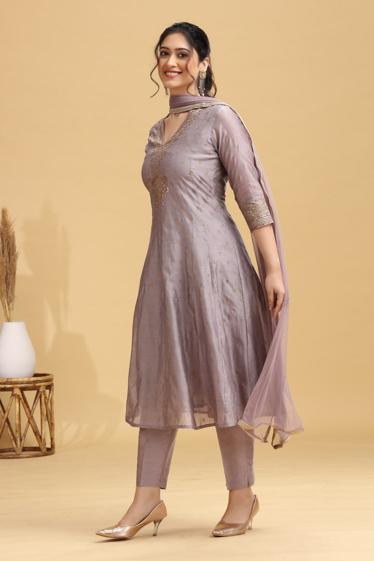 Lilac Embroidered A-Line Ethnic Set