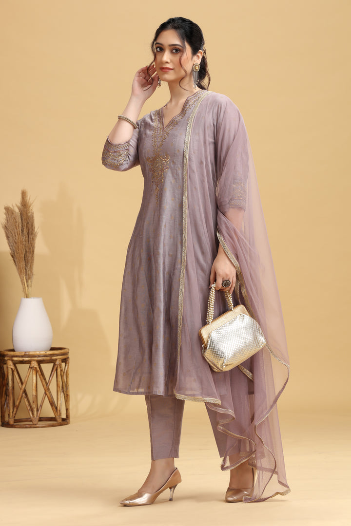 Lilac Embroidered A-Line Ethnic Set