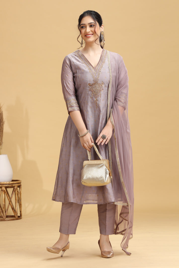 Lilac Embroidered A-Line Ethnic Set
