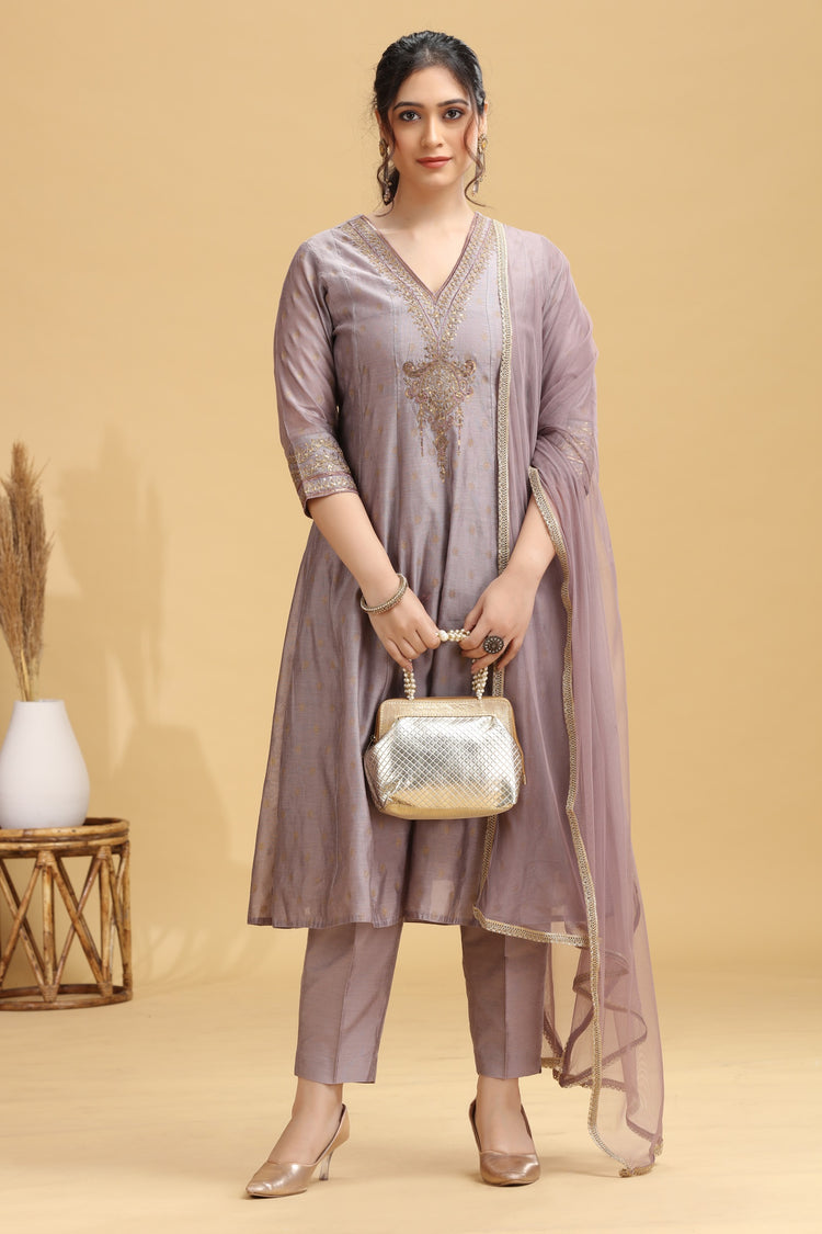 Lilac Embroidered A-Line Ethnic Set