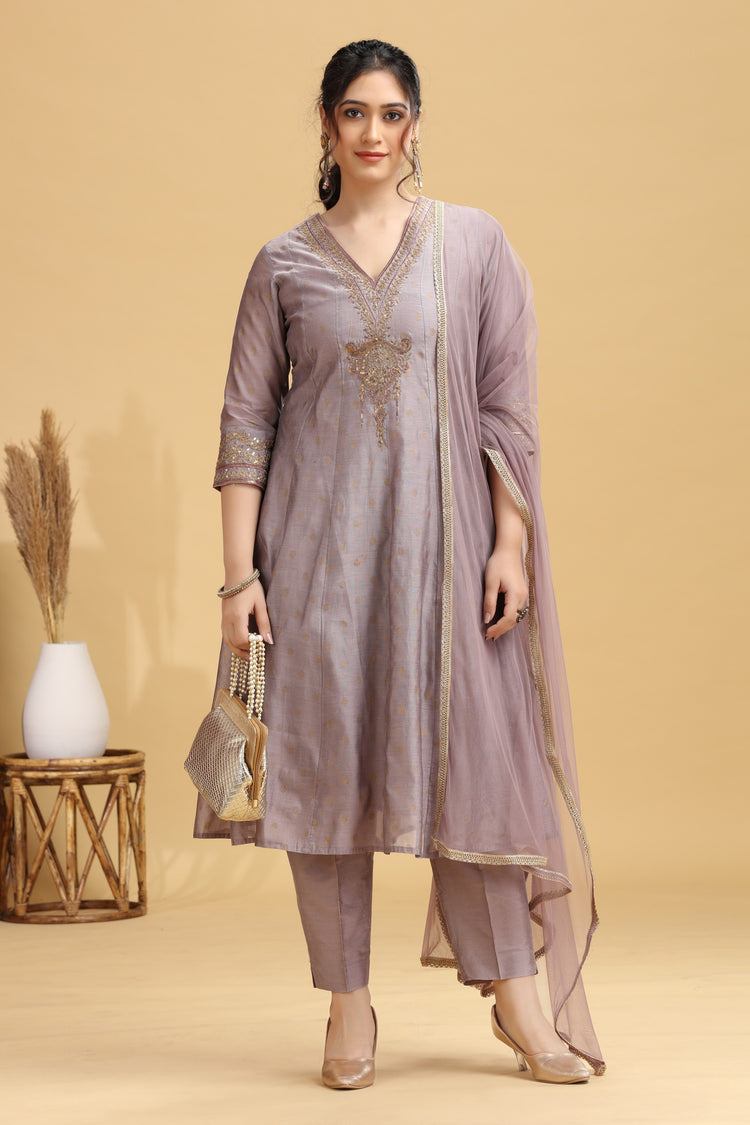Lilac Embroidered A-Line Ethnic Set