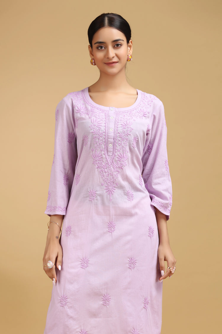 Light Purple Embroidered Cotton Straight Kurta