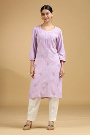 Light Purple Embroidered Cotton Straight Kurta