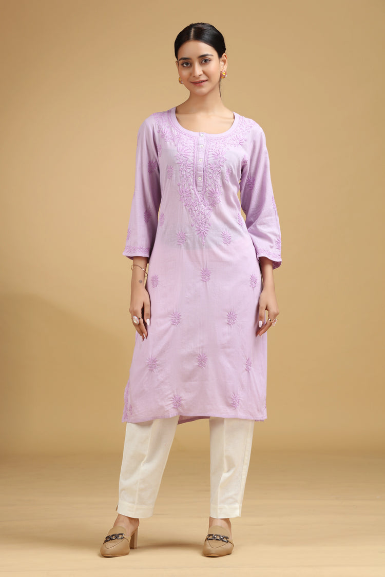Light Purple Embroidered Cotton Straight Kurta