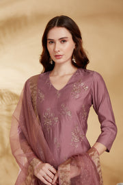 Light Purple Roman Silk Embroidered Straight Kurta Pant and Dupatta Suit Set