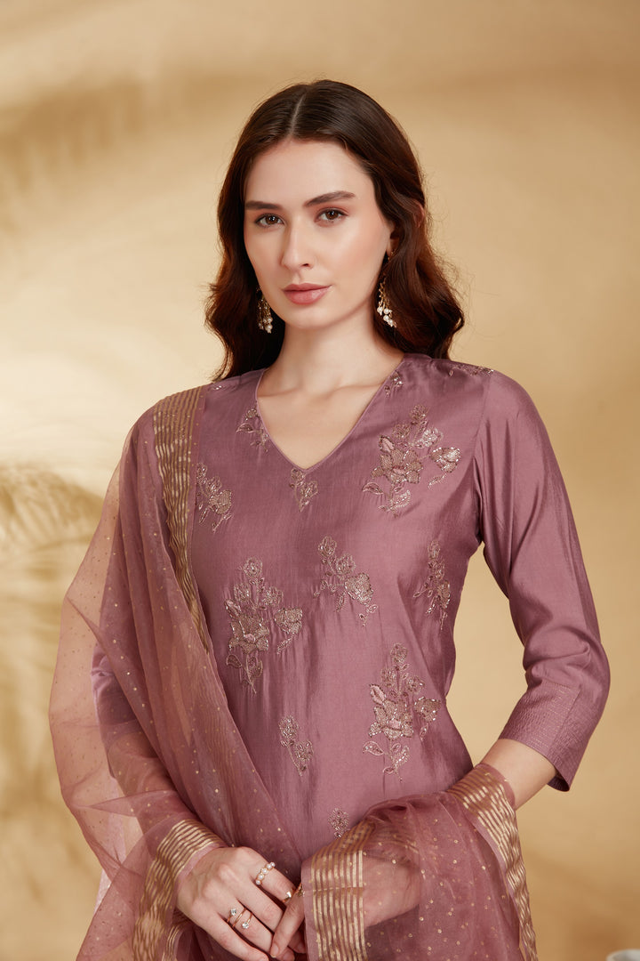 Light Purple Roman Silk Embroidered Straight Kurta Pant and Dupatta Suit Set