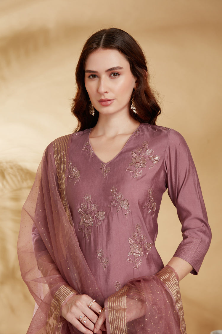 Light Purple Roman Silk Embroidered Straight Kurta Pant and Dupatta Suit Set