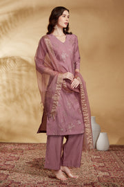 Light Purple Roman Silk Embroidered Straight Kurta Pant and Dupatta Suit Set