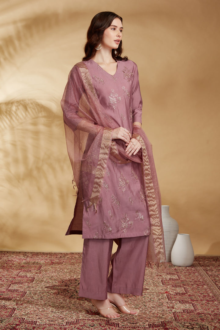 Light Purple Roman Silk Embroidered Straight Kurta Pant and Dupatta Suit Set