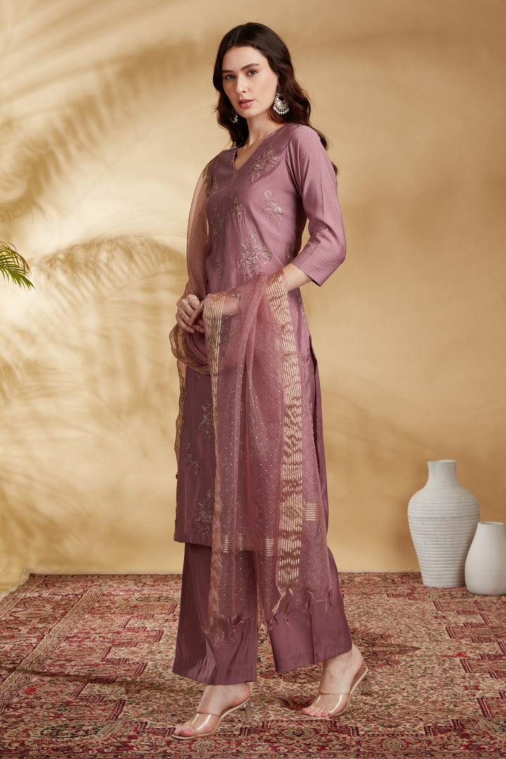 Light Purple Roman Silk Embroidered Straight Kurta Pant and Dupatta Suit Set